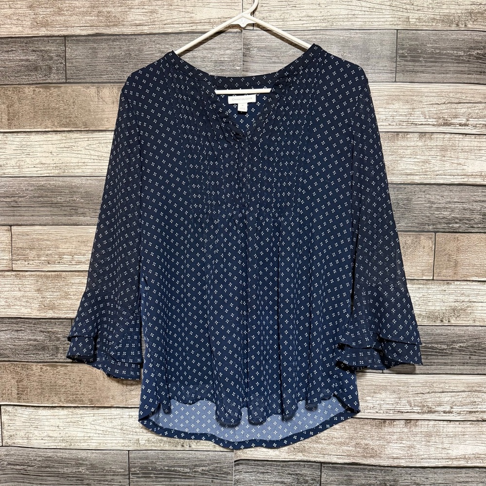 Charter Club Blouse Women’s M Navy Blue White Dot Pattern - Picture 3 of 7